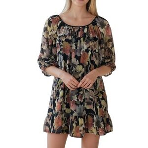 Elena Baldi Silk Blend Floral Romantic 3/4 Sleeve Round Neck Mini Dress Medium